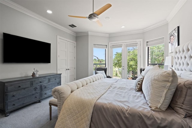 22126 Briarcliff Dr, Spicewood, TX 78669 - bedroom with access to outside, carpet, crown molding, recessed lighting, and a ceiling fan