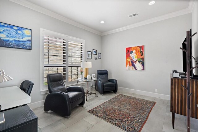 22126 Briarcliff Dr, Spicewood, TX 78669 - sitting room with crown molding, recessed lighting, a desk, and light tile patterned flooring