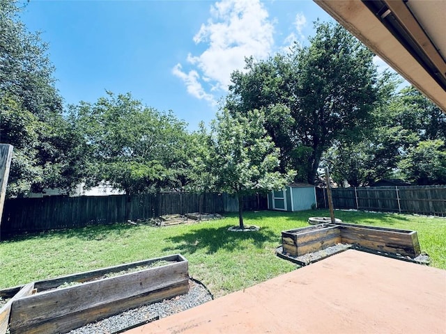 4202 Kilgore Ln, Austin, TX 78727 - fenced backyard with a patio, a storage unit, and a garden
