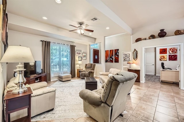 5501 Hitching Post, Lago Vista, TX 78645 - living area featuring a ceiling fan, light tile patterned floors, and recessed lighting