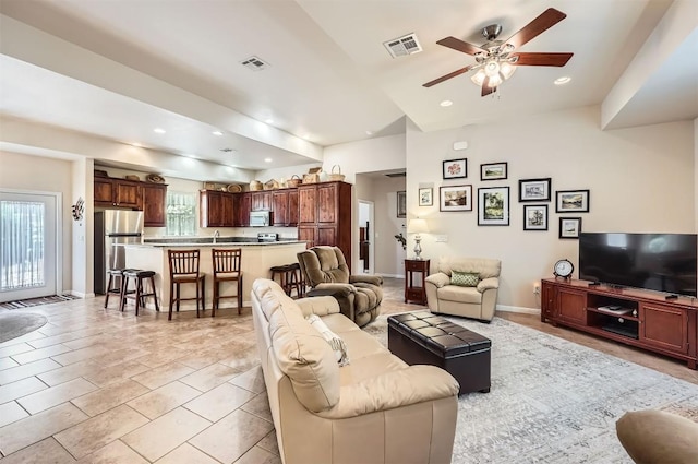 5501 Hitching Post, Lago Vista, TX 78645 - living room featuring ceiling fan, recessed lighting, and light tile patterned floors
