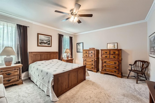 5501 Hitching Post, Lago Vista, TX 78645 - bedroom with light carpet, ornamental molding, and a ceiling fan