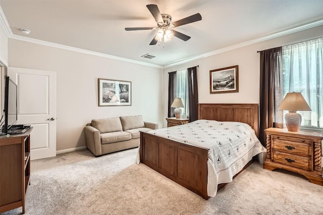 5501 Hitching Post, Lago Vista, TX 78645 - bedroom featuring crown molding, light carpet, and ceiling fan