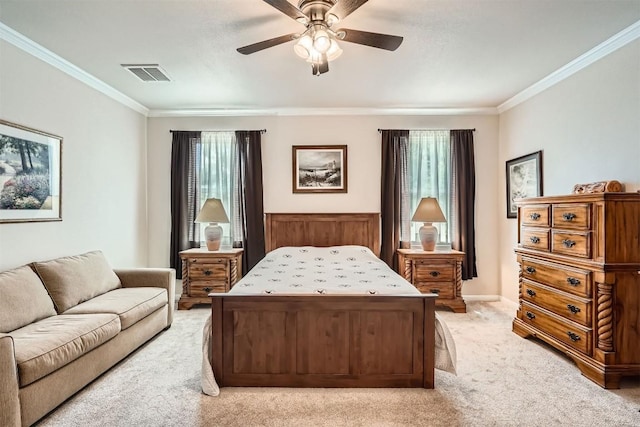 5501 Hitching Post, Lago Vista, TX 78645 - bedroom featuring light colored carpet, crown molding, and a ceiling fan