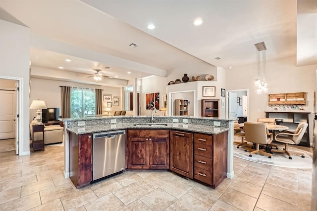 5501 Hitching Post, Lago Vista, TX 78645 - kitchen featuring dishwasher, open floor plan, light stone countertops, a ceiling fan, and recessed lighting