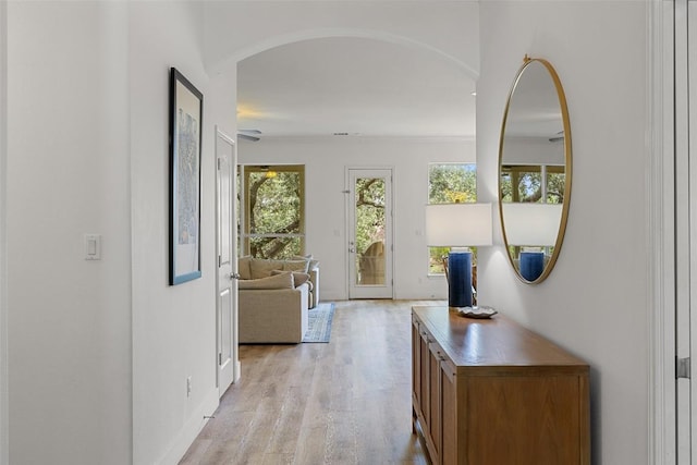 300 Errol Dr, Spicewood, TX 78669 - hall with plenty of natural light, light wood-type flooring, and arched walkways