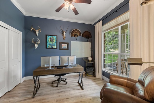 300 Errol Dr, Spicewood, TX 78669 - office featuring crown molding, a ceiling fan, and wood finished floors