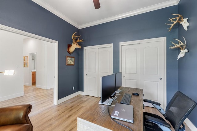 300 Errol Dr, Spicewood, TX 78669 - office area featuring light wood finished floors, crown molding, and ceiling fan