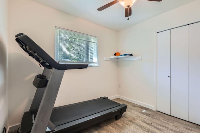 8018 Rockwood Ln, Austin, TX 78757 - exercise area featuring a ceiling fan and light wood-style floors