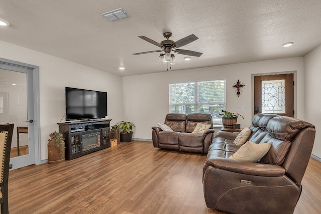 2008 Paige St, Georgetown, TX 78626 - living area featuring wood finished floors, ceiling fan, recessed lighting, and a fireplace