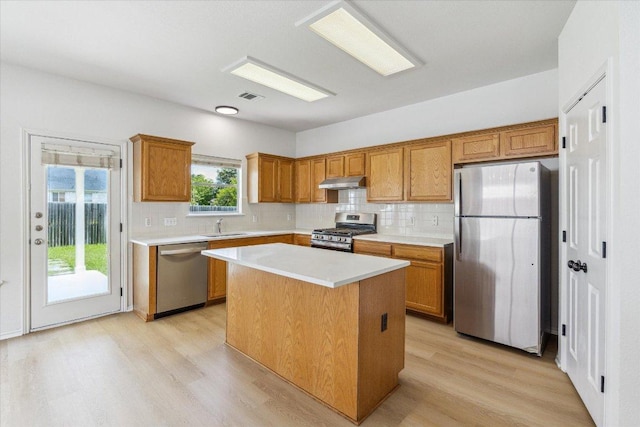 3659 Nolan Ryan Blvd, Round Rock, TX 78665 - kitchen featuring appliances with stainless steel finishes, under cabinet range hood, light wood-style flooring, and tasteful backsplash