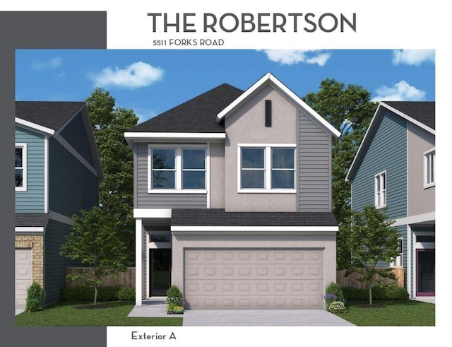 5511 Forks Rd, Austin, TX 78747 - view of front facade featuring driveway, an attached garage, stucco siding, and a shingled roof