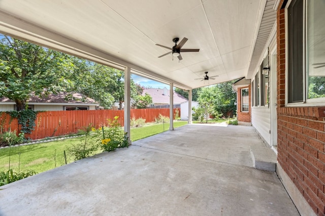 6502 Halsey Ct, Austin, TX 78739 - fenced backyard featuring a shed, a patio, and a ceiling fan