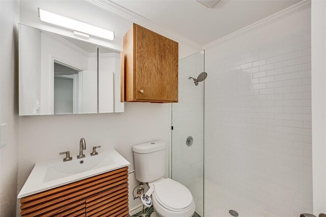 1406 Byers Ln, Austin, TX 78753 - bathroom featuring vanity, a tile shower, and ornamental molding