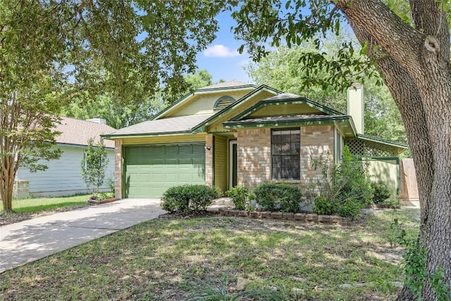 1406 Byers Ln, Austin, TX 78753 - view of front of house with concrete driveway, a chimney, brick siding, a garage, and a front lawn