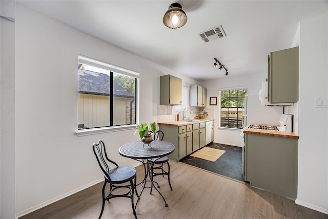 1406 Byers Ln, Austin, TX 78753 - kitchen featuring dark wood-style flooring, rail lighting, white appliances, tasteful backsplash, and butcher block countertops