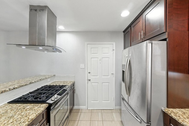 4614 Ganymede Dr, Austin, TX 78727 - kitchen featuring stainless steel appliances, island range hood, light tile patterned flooring, light stone counters, and recessed lighting