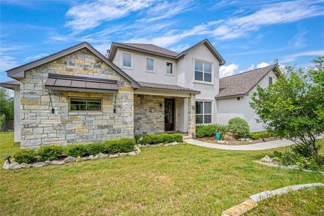 1621 Angolo, New Braunfels, TX 78132 - view of front of property with stone siding, a front yard, stucco siding, and roof with shingles