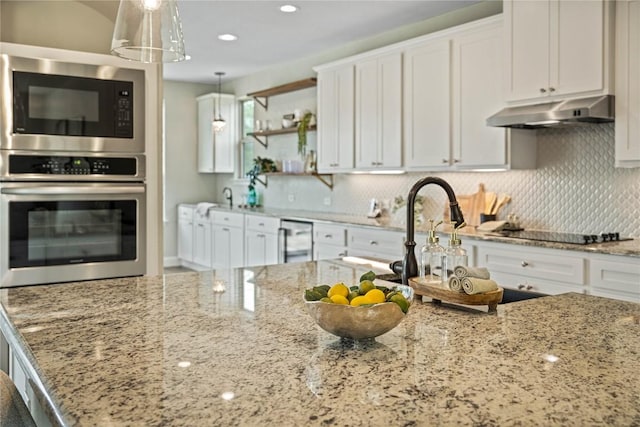 1621 Angolo, New Braunfels, TX 78132 - kitchen featuring stainless steel appliances, under cabinet range hood, open shelves, decorative backsplash, and recessed lighting