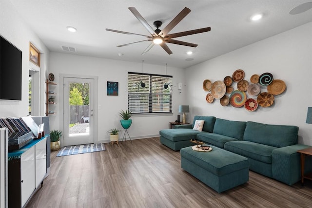 253 Centuryplant Rd, Leander, TX 78641 - living area featuring a ceiling fan, wood finished floors, and recessed lighting