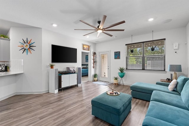 253 Centuryplant Rd, Leander, TX 78641 - living room with a ceiling fan, light wood-style floors, and recessed lighting