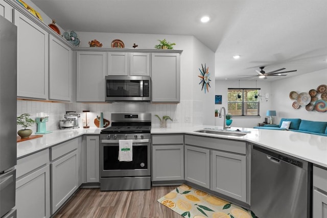 253 Centuryplant Rd, Leander, TX 78641 - kitchen featuring appliances with stainless steel finishes, gray cabinets, light countertops, light wood-style floors, and decorative backsplash