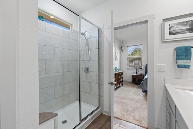 253 Centuryplant Rd, Leander, TX 78641 - full bath featuring ensuite bath, tiled shower, vanity, and wood finished floors
