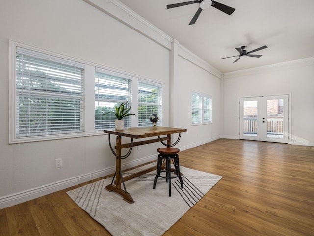 10310 Holme Lacey Ln, Austin, TX 78750 - dining room featuring ornamental molding, ceiling fan, french doors, and wood finished floors