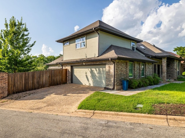 10310 Holme Lacey Ln, Austin, TX 78750 - view of side of home with driveway, an attached garage, a shingled roof, and brick siding