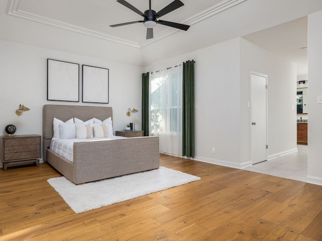 10310 Holme Lacey Ln, Austin, TX 78750 - bedroom with crown molding, light wood-style flooring, and a ceiling fan