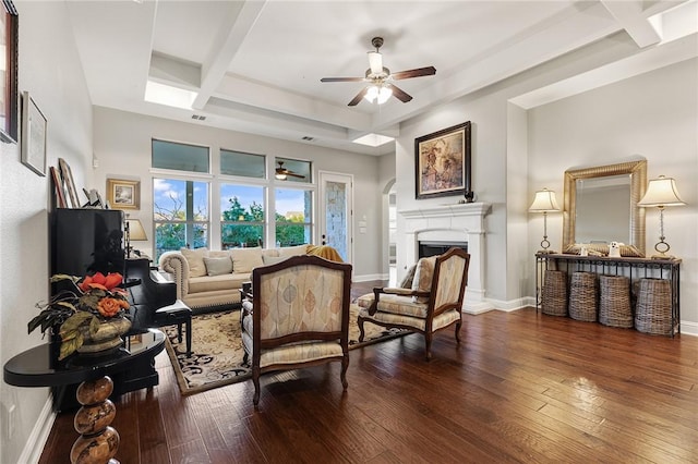 201 Glenfiddich Ln, Austin, TX 78738 - living area featuring a ceiling fan, beam ceiling, wood-type flooring, coffered ceiling, and a fireplace