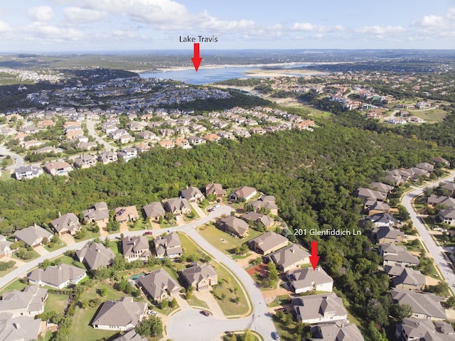 201 Glenfiddich Ln, Austin, TX 78738 - aerial view of property and surrounding area with nearby suburban area and a nearby body of water