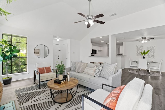 800 Saunders Dr, Round Rock, TX 78664 - living area featuring a ceiling fan, lofted ceiling, and wood finished floors