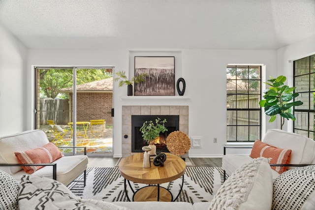 800 Saunders Dr, Round Rock, TX 78664 - living area featuring a textured ceiling, a fireplace, and wood finished floors
