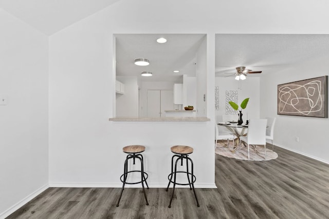 800 Saunders Dr, Round Rock, TX 78664 - kitchen featuring a kitchen bar, wood finished floors, white cabinetry, light countertops, and ceiling fan