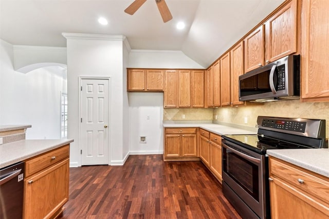 4306 S Summercrest Loop, Round Rock, TX 78681 - kitchen with stainless steel appliances, light countertops, dark wood finished floors, decorative backsplash, and crown molding