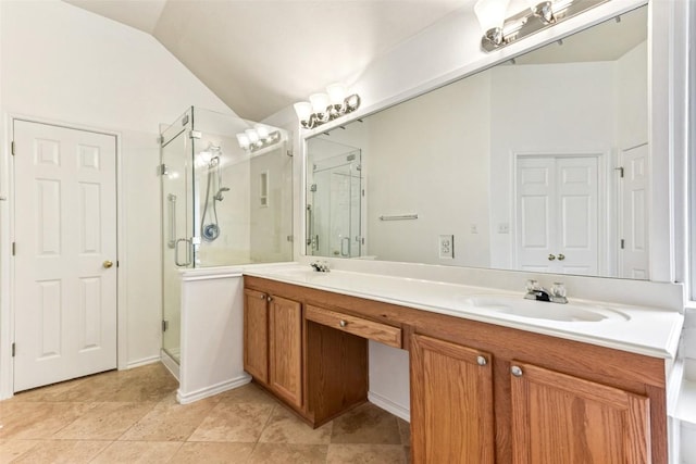 4306 S Summercrest Loop, Round Rock, TX 78681 - full bath featuring double vanity, a shower stall, and vaulted ceiling