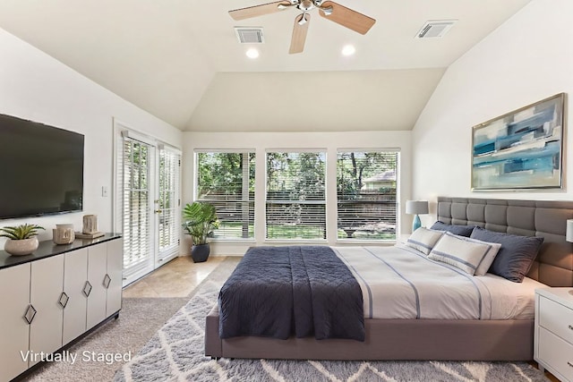 4306 S Summercrest Loop, Round Rock, TX 78681 - bedroom featuring lofted ceiling, access to outside, multiple windows, a ceiling fan, and light tile patterned floors