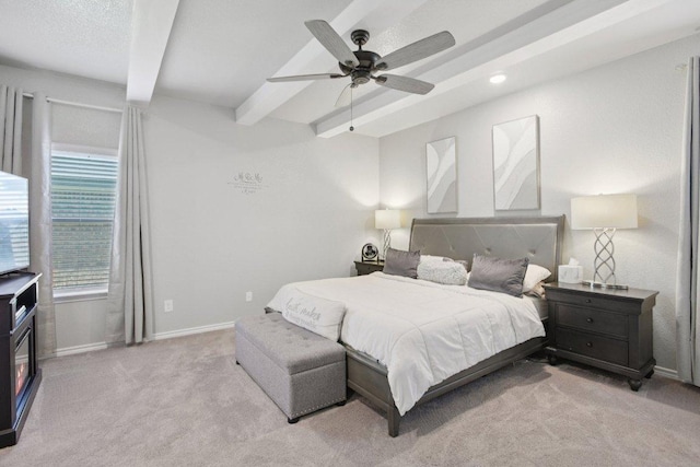 5106 La Piedra Ln, Killeen, TX 76549 - bedroom featuring light carpet, beamed ceiling, and ceiling fan
