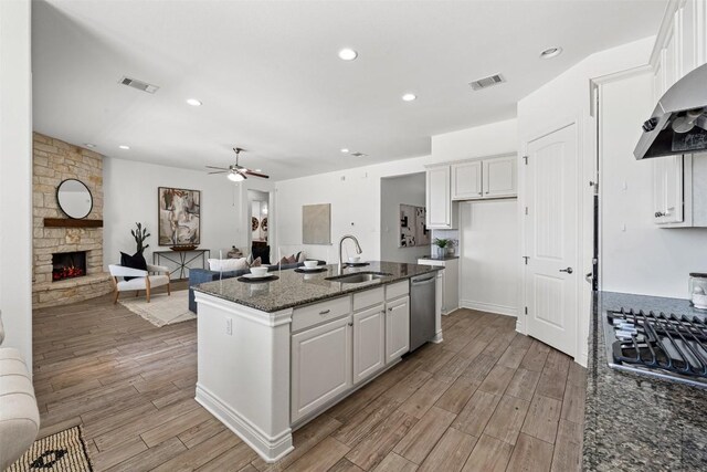 105 Quiet Oak Cv, Liberty Hill, TX 78642 - kitchen with appliances with stainless steel finishes, ceiling fan, white cabinets, range hood, and recessed lighting