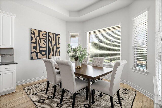 105 Quiet Oak Cv, Liberty Hill, TX 78642 - dining space with light wood-style flooring, plenty of natural light, and a tray ceiling