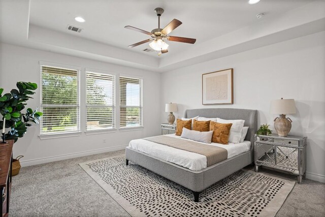 105 Quiet Oak Cv, Liberty Hill, TX 78642 - bedroom with a raised ceiling, carpet flooring, multiple windows, and recessed lighting