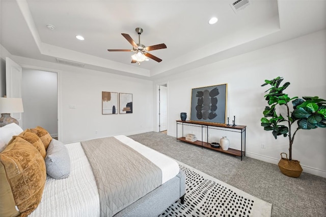 105 Quiet Oak Cv, Liberty Hill, TX 78642 - bedroom with a tray ceiling, carpet, recessed lighting, and a ceiling fan
