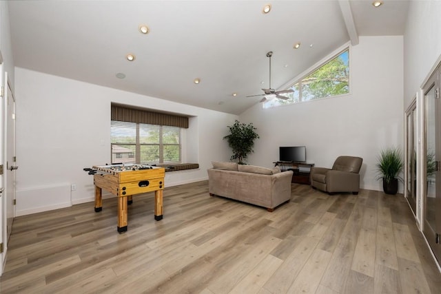 1501 Johnny Miller Trl, Austin, TX 78746 - recreation room featuring high vaulted ceiling, beamed ceiling, light wood-type flooring, a ceiling fan, and recessed lighting