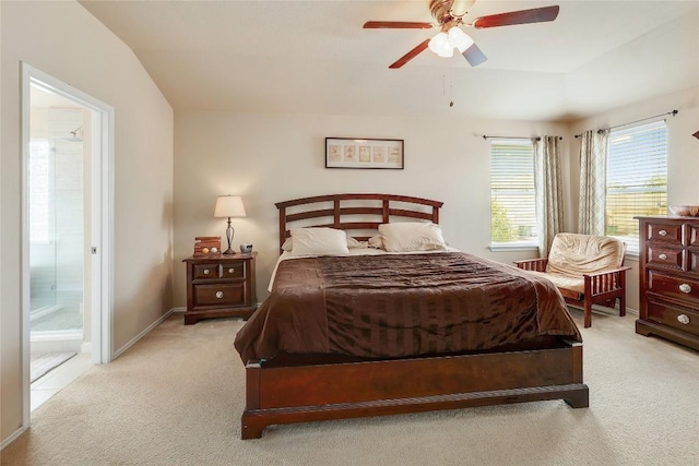 17832 Kenai Fjords Dr, Pflugerville, TX 78660 - bedroom featuring carpet flooring, ensuite bath, lofted ceiling, and ceiling fan