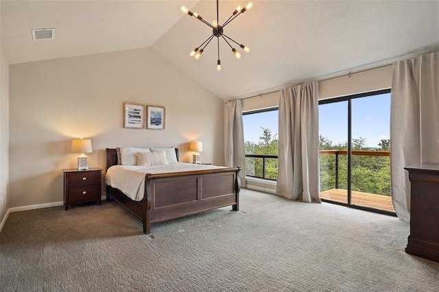 5308 Great Divide Dr, Bee Cave, TX 78738 - carpeted bedroom featuring access to exterior, a chandelier, and vaulted ceiling