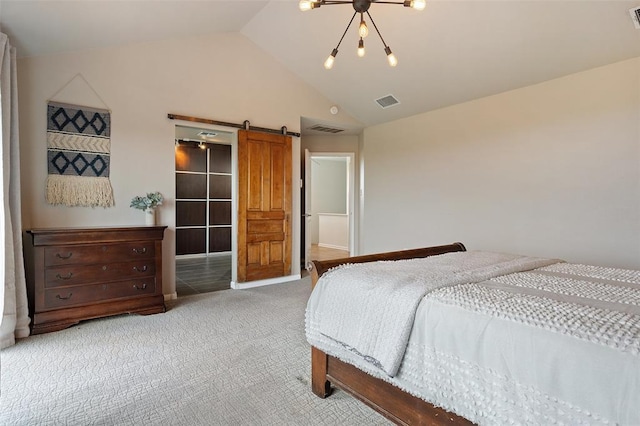 5308 Great Divide Dr, Bee Cave, TX 78738 - bedroom featuring light colored carpet, lofted ceiling, and a barn door