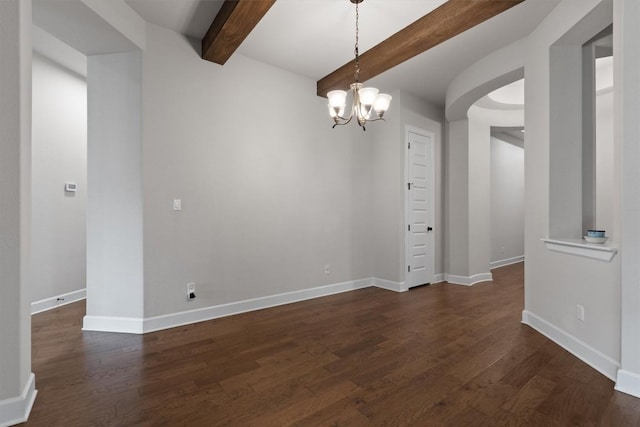 416 Hereford Loop, Hutto, TX 78634 - empty room featuring beam ceiling, dark wood-style flooring, and a chandelier