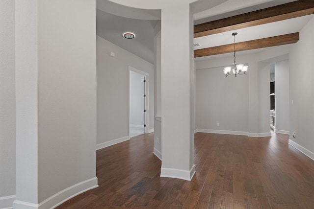 416 Hereford Loop, Hutto, TX 78634 - hallway featuring beam ceiling, a chandelier, and dark wood-style flooring
