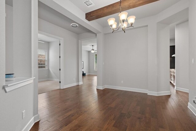 416 Hereford Loop, Hutto, TX 78634 - unfurnished room featuring a chandelier, dark wood finished floors, beam ceiling, and ceiling fan